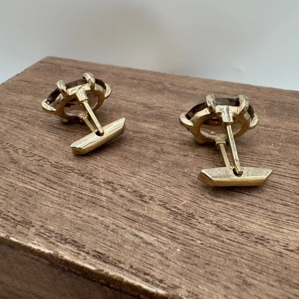 Vintage Swank Smoky Quartz Checkerboard Faceted Gold Tone Cufflinks